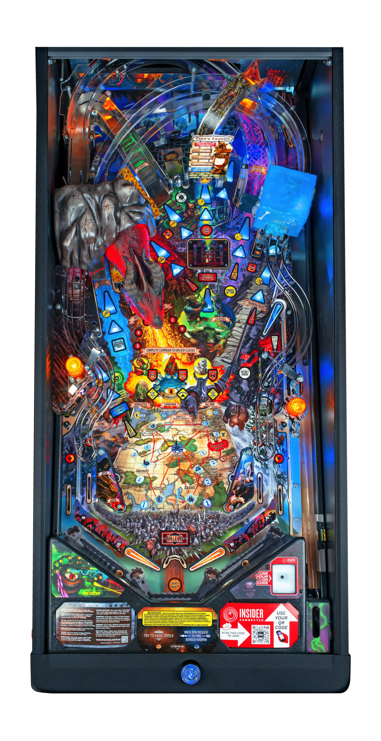 Top playfield view of Stern Dungeons & Dragons The Tyrant's Eye Pro showing dragon, dungeon levels, and treasure chest