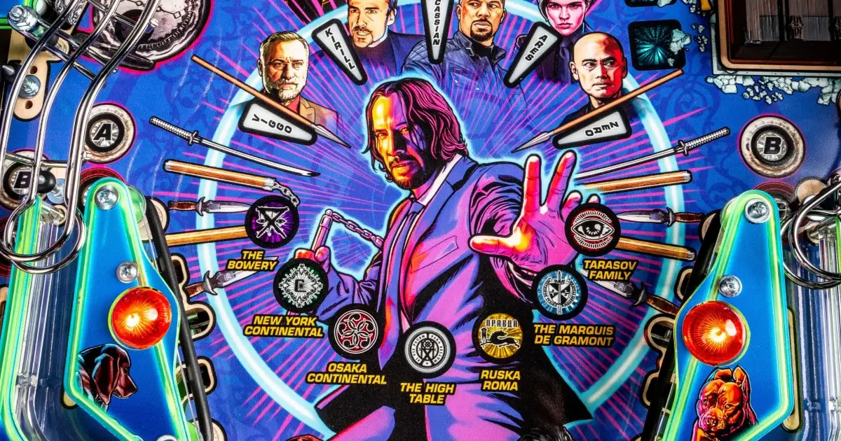 Stern John Wick Limited Edition pinball machine with Continental Hotel artwork and edge-lit New York City skyline